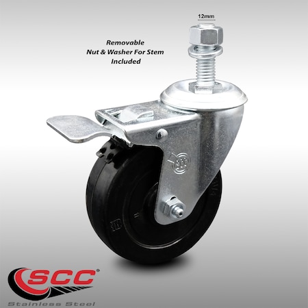 Service Caster 4 Inch SS Soft Rubber 12mm Threaded Stem Caster with Total Lock Brake SCC SCC-SSTSTTL20S414-SRS-M1215